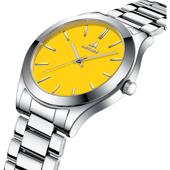 Men Silver Yellow Stainless Steel Analog Quartz Fashion Business Designer Watch - Picture 3 of 9